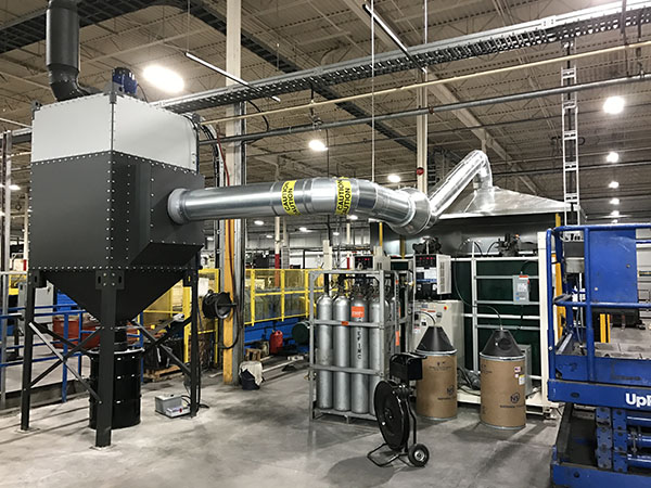 Roof, ducts and Airhawk cartridge dust collector installed by C&C Mechanical for Commercial Roll Formed Products Ltd. in Brampton, Ontario.